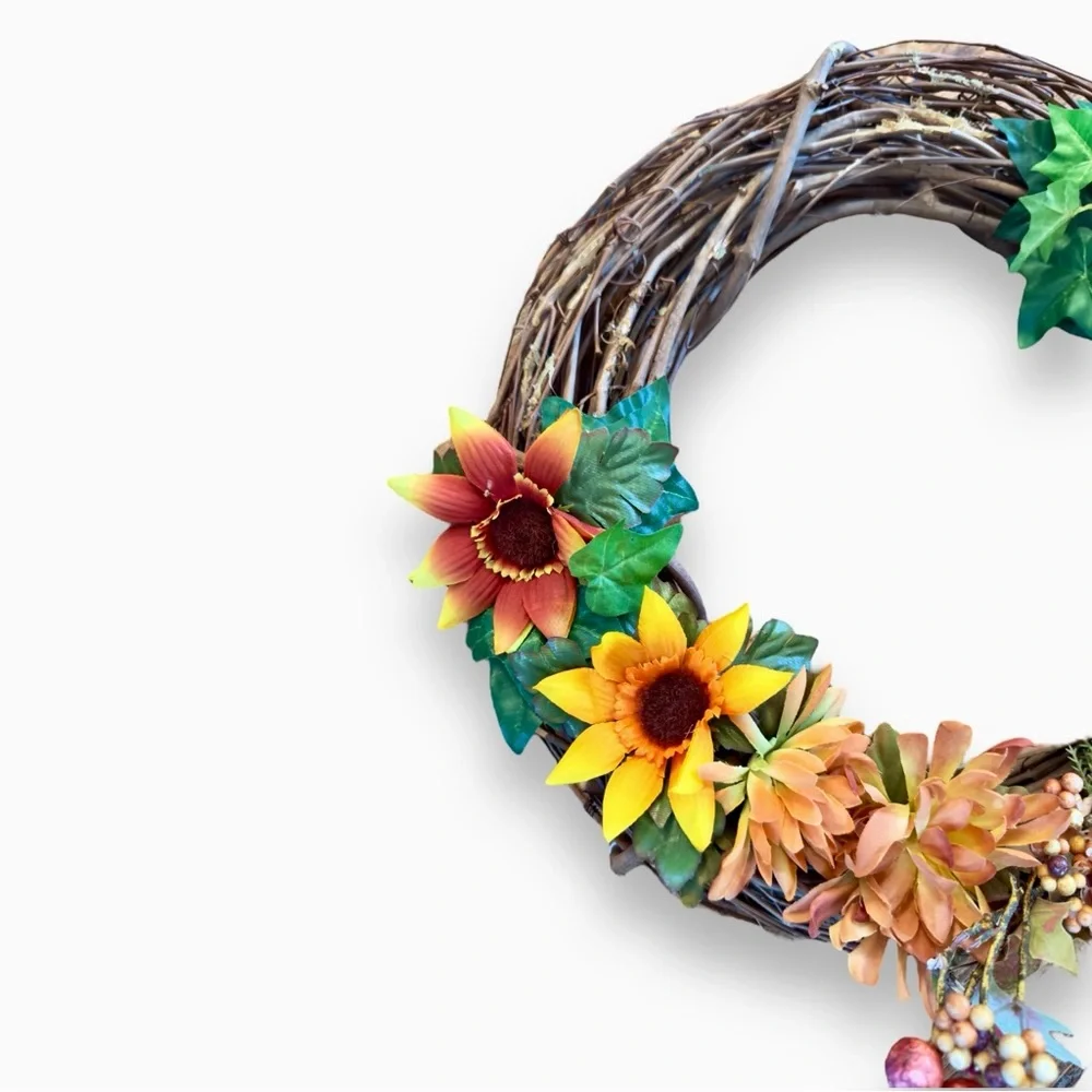 16” CUSTOM Rustic Farmhouse Sunflower & Daisy Floral Wooden Grapevine Wreath